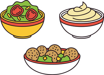 Three bowls of food: salad, dip, and falafel with greens vector Illustration