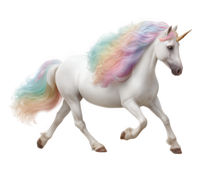 Majestic white unicorn fantasy animal with magical rainbow mane running. beautiful horse isolated on transparent background appearing powerful and graceful