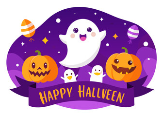 Illustration of cute cartoon ghost and pumpkins with happy halloween text on a purple background with stars and balloons, perfect for holiday decoration and celebration