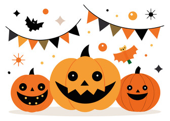 Illustration of three grinning jackolanterns of varying sizes, adorned with festive bunting and scattered confetti, set against a clean for easy use in designs