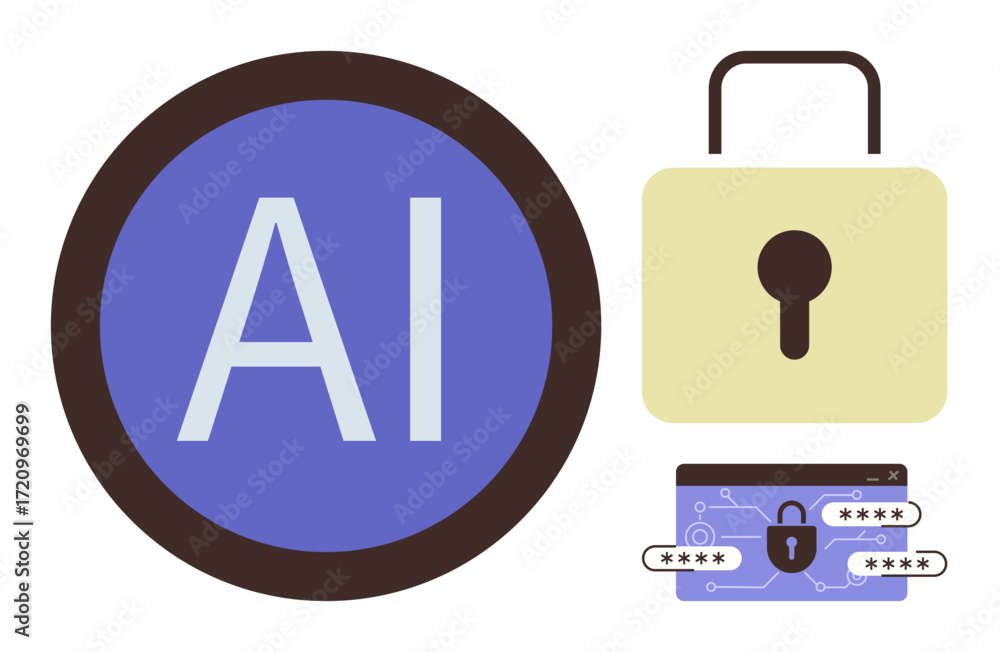 Leinwandbilder ai acronym in circle next to padlock and secure digital interface with password. ideal for data secu