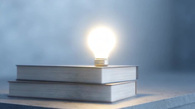 Enlightenment: A brilliant light bulb radiates atop a stack of aged books. Capturing the essence of knowledge, insight, and the spark of ingenuity.