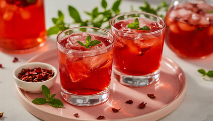 Iced Hibiscus Tea with Mint, Ice Cubes, and Dried Flowers on Pink Tray with Pitcher