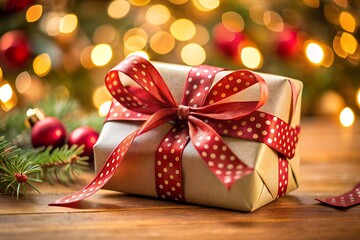 A beautifully wrapped christmas gift with a red polka dot ribbon sits on a wooden surface, surrounded by festive bokeh lights and fir branches, evoking a sense of holiday cheer and anticipation