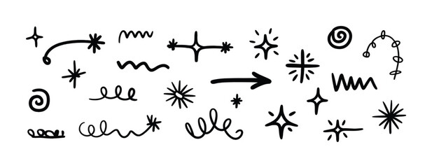 A collection of hand-drawn doodle elements, including arrows, stars, swirls, and zigzags, all in black ink on a white background.