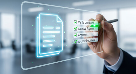 A person using a digital document interface with a pen. A document with check marks to complete tasks. The documents include verification and archiving options.