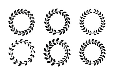Six black and white laurel wreaths, various styles, isolated on white background.