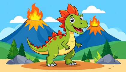 Obraz premium Cute dinosaur by volcanoes