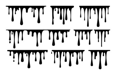 Black Dripping Paint Splatter Elements on White Background
