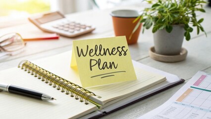 Organized Workspace with Wellness Plan Sticky Note, Notepad, and Green Plant on Wood Table