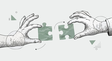 A hand-drawn illustration of two hands connecting jigsaw puzzle pieces, symbolizing partnership, teamwork, and solutions.