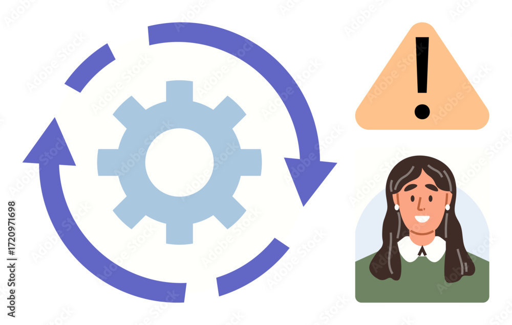 Aufkleber gear with rotation arrows, warning triangle, and smiling person. ideal for teamwork, workflow, risk 