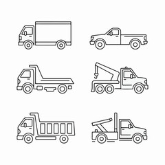 A versatile collection of outline truck illustrations, showcasing various commercial and utility vehicles including delivery, pickup, dump, and tow trucks, for design projects