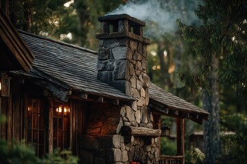 Rustic Cabin Chimney Smoke In Forest Setting At Dusk