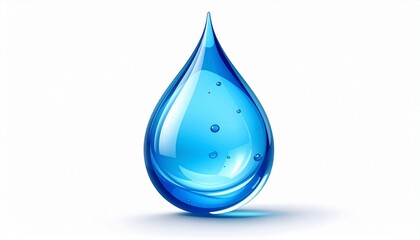 Fototapeta premium Single blue water droplet floating against light background, teardrop-shaped with glossy surface and suspended bubbles, symbolizing purity and essential life element.