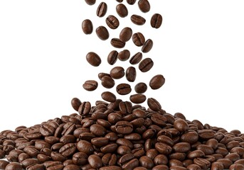 Naklejka premium A cascade of freshly roasted coffee beans falling from above into a large pile on a clean white background.