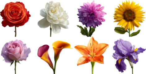 Floral Assortment: Roses, Lily, Dahlia, Sunflower & More on a Black Background.