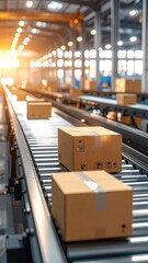 Cardboard Boxes Moving on Conveyor Belt in Warehouse