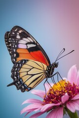 Obraz premium A vibrant butterfly perched on a delicate pink flower in a serene setting.