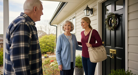 A woman with a bag is happily greeting an elderly couple at the front door. The scene captures a moment of warmth and connection. The couple stands side by side at the door, smiling at the woman.