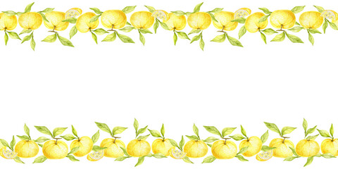 Continuous border of ripe yellow yuzu fruits with leaves illustrated as watercolor clipart, hand drawn botanical element. Great for invitations, food packaging, fabric prints and eco-product labels.