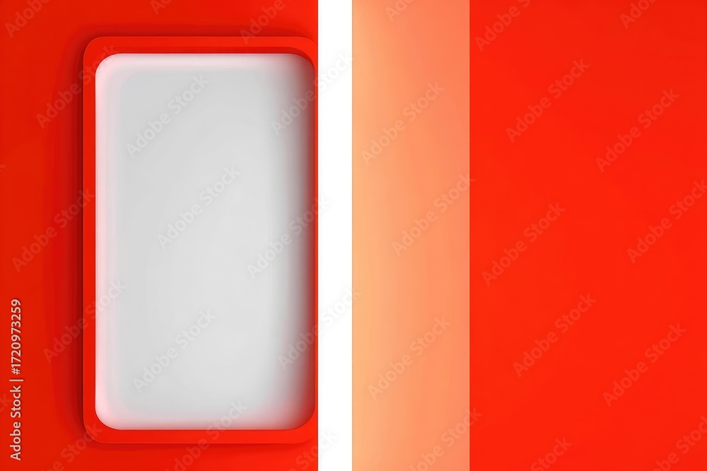Poster a rectangular, white, empty frame is set against two vibrant red surfaces, creating a modern geometr