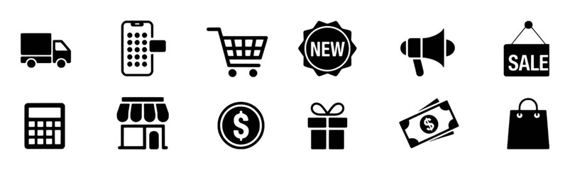 Collection of E-commerce and Shopping Icons: Delivery, Payment, Cart, Sale, and More