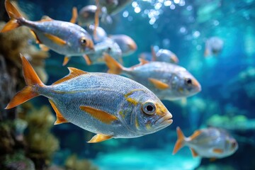 Fototapeta premium School of Silver Fish with Orange Fins