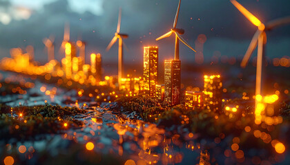 Obraz premium City of Tomorrow: Illuminated skyscrapers and eco-friendly windmills stand together in a vibrant showcase of sustainable urban design. The dynamic scene captures the essence of innovation.