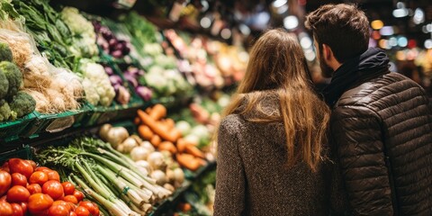 Couple browsing fresh vegetables at grocery store