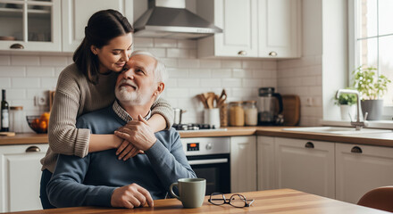 A touching moment between a daughter and her father in the warmth of a kitchen. The daughter embraces her father, expressing love and care