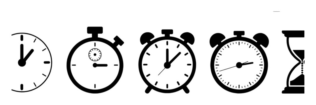 Collection of Timekeeping Devices: Clocks, Stopwatches, and Hourglass Icons