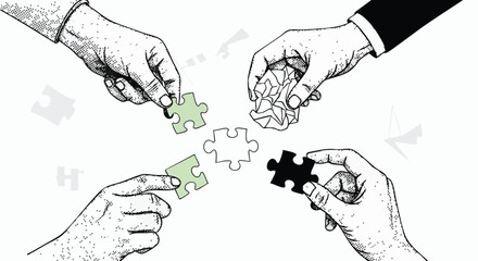 Hands assembling puzzle pieces, one crumpled paper, teamwork concept.