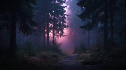 Obraz premium Foggy dense forest at dawn, with a faint glowing light shining deep between the trees, cinematic atmosphere, mysterious and enchanting mood, high resolution landscape photography