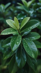 Obraz premium Close up of green leaves with water drops after the rain
