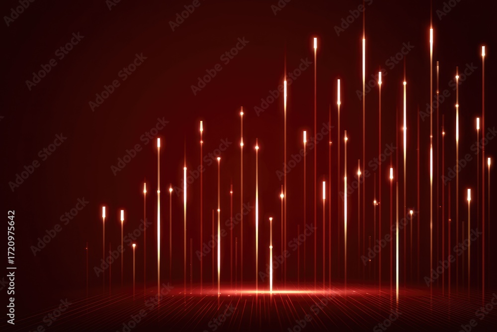 Poster a dynamic display of vertical light streaks against a deep maroon background, highlighting a sense o