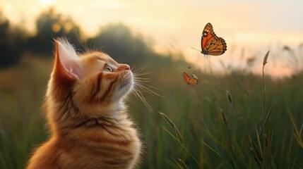 Tranquil field with orange kitten chasing butterflies in the last light of day