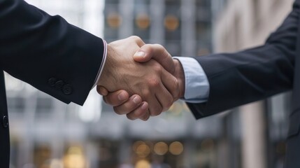 Two men shaking hands in front of a blurred cityscape.