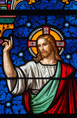 Stained glass (19th century) of Jesus the Good Shepherd.