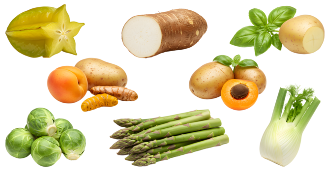 Fresh assortment of vegetables and fruits including starfruit, yam, ginger, apricot, brussels sprouts, asparagus, fennel, and basil, ideal for healthy cooking or nutrition content