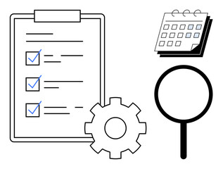 Fototapeta na wymiar Task checklist with completed items, calendar, magnifying glass, and gear symbolizing planning, analysis, and systems. Ideal for project management, productivity, workflow goal-setting