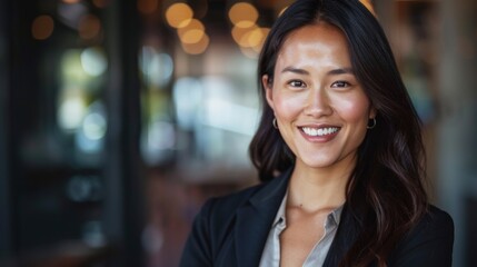 A smiling businesswoman with long dark hair, wearing a black blazer and a white shirt, standing in a modern office with a glass wall and a window in the background.
