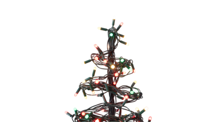 A festive spiral christmas tree shape made of twinkling colorful lights on a dark background isolated on transparent background