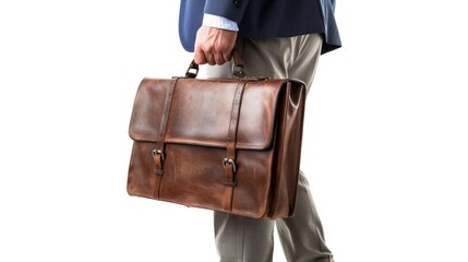 A man in a suit carrying a brown leather briefcase, walking away from the camera.