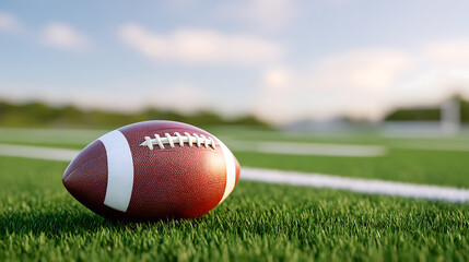 American football ball on the field with green grass and blue sky background