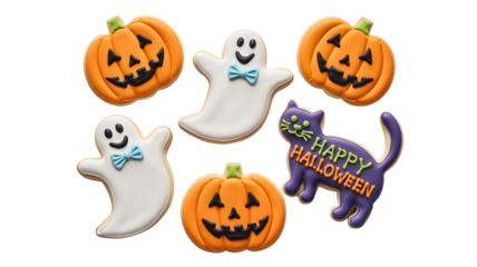 Collection of halloween themed sugar cookies including pumpkins ghosts and a black cat isolated on transparent background