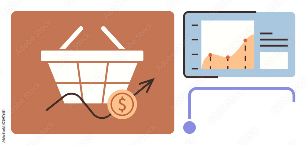 Poster shopping basket with upward arrow and dollar coin next to analytics chart on screen. ideal for e-com