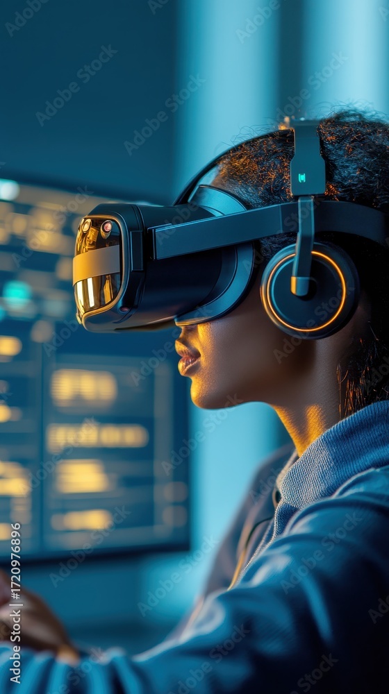 Poster person wearing virtual reality headset uses computer for digital immersion and interactive experienc