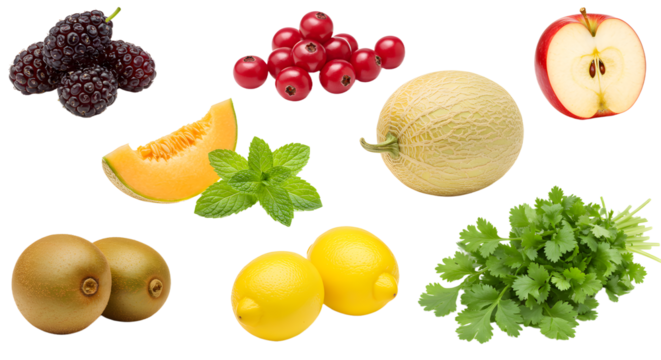 Fresh assorted fruit selection including blackberries, cranberries, cantaloupe, apple, kiwi, lemons, and fresh parsley, perfect for healthy meals and snacks