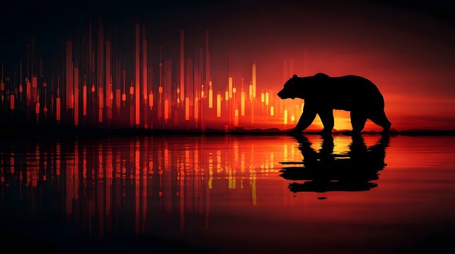 B&auml;r Silhouette vor roter Finanzgrafik bei Sonnenuntergang
